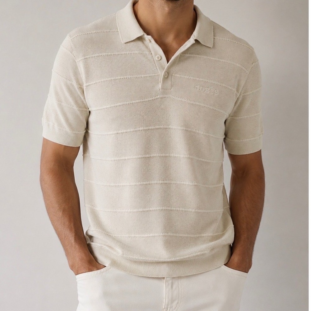 Guess Los Angeles Mens Textured‎ Knit Polo Shirt Cream Beige Stripe Cotton Large